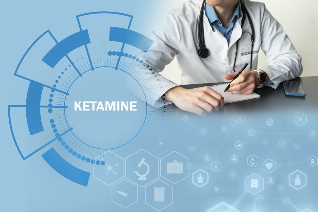 doctor in a clinic writing on a notepad with the word ketamine displayed on the side infront of a graphic