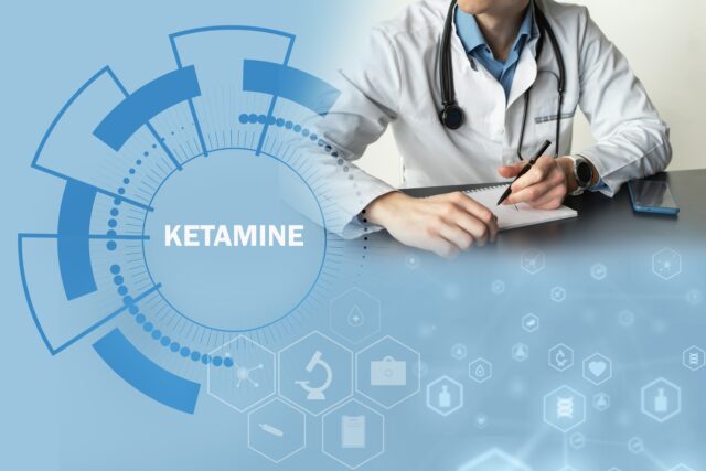 doctor in a clinic writing on a notepad with the word ketamine displayed on the side infront of a graphic